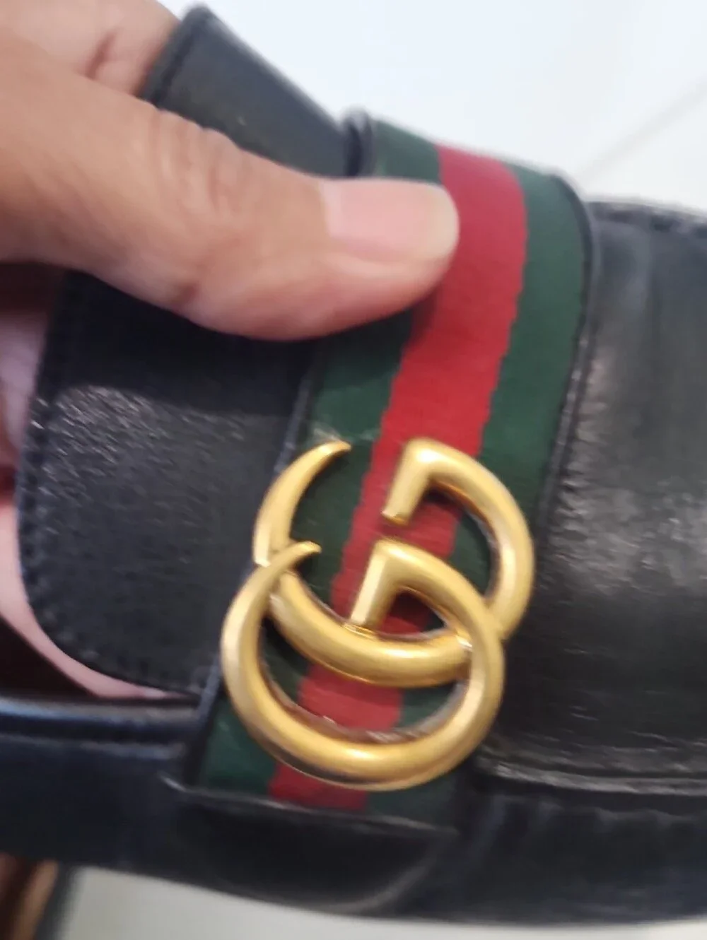 Gucci Black Leather Loafers with Green and Red Web & Gold Double G
